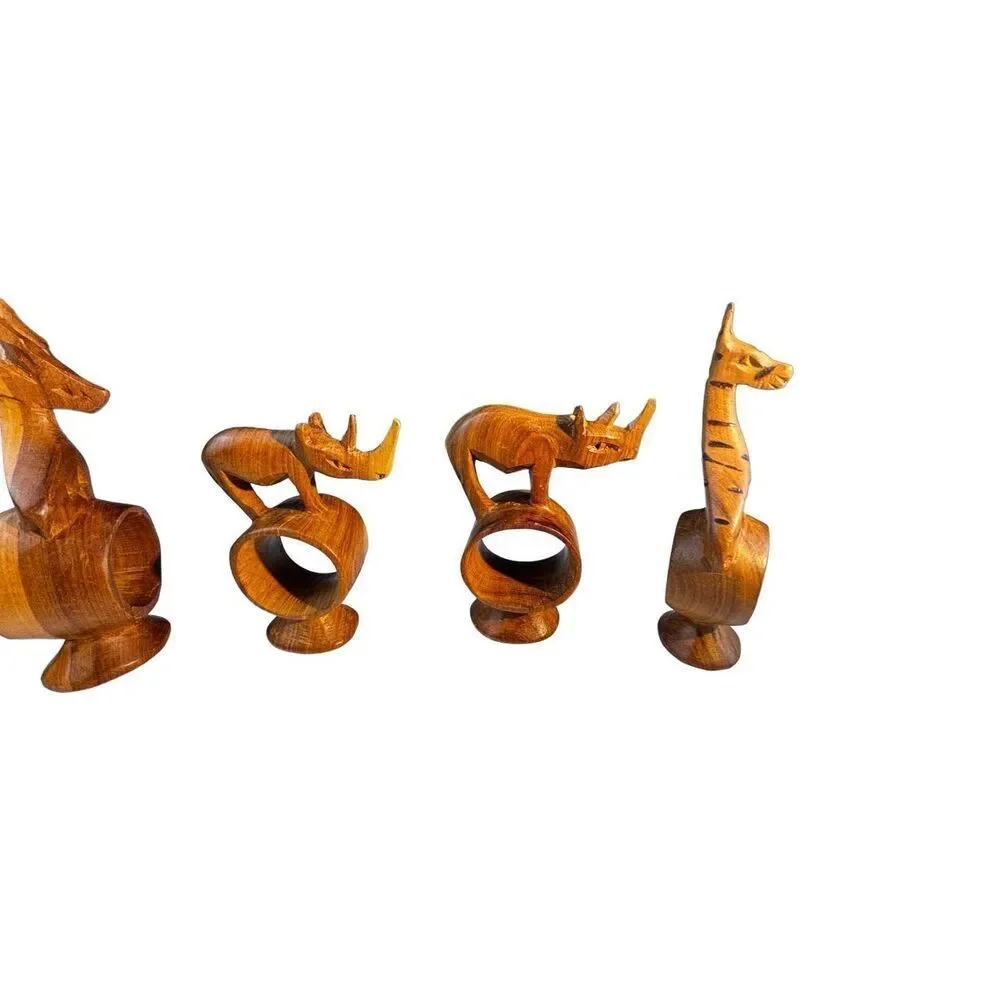 African hand Carved Teak Wood Napkin Rings, Set of 6